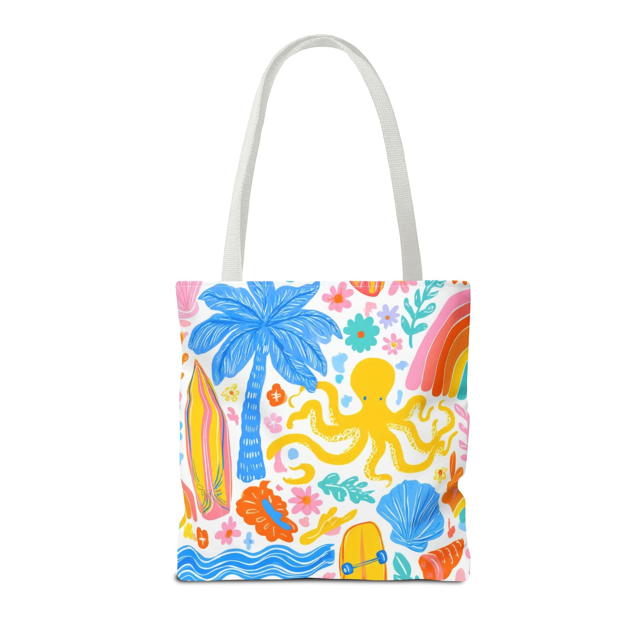 Colorful Beach Octopus Tote Bag | Tropical Palm, Surfboard, Rainbow Print