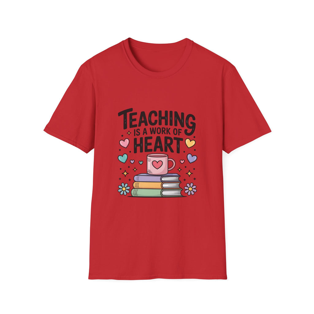 Teaching Is A Work Of Heart T-Shirt | Teacher Mug and Books Illustration