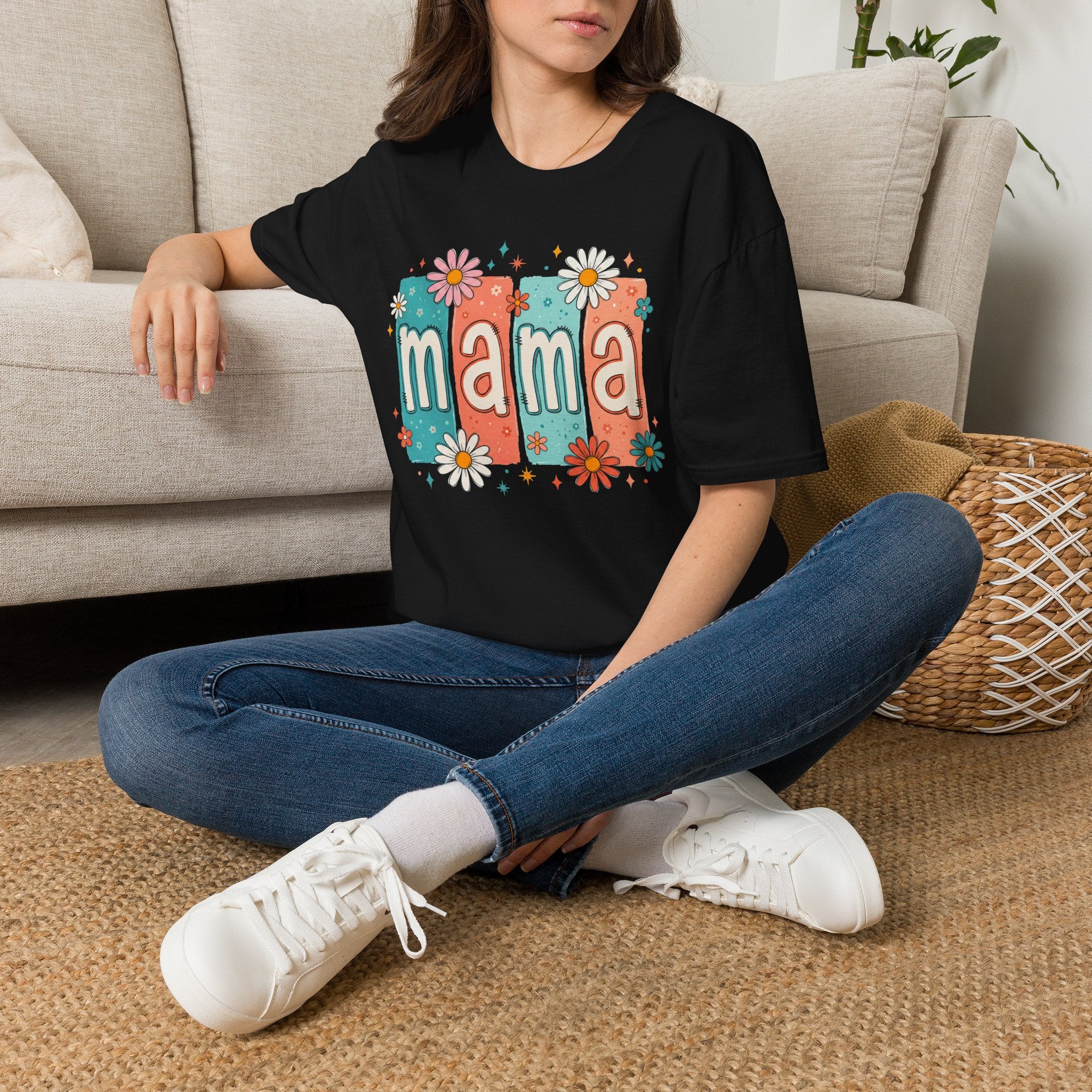 Mama floral retro blocks T-Shirt | daisy mom design