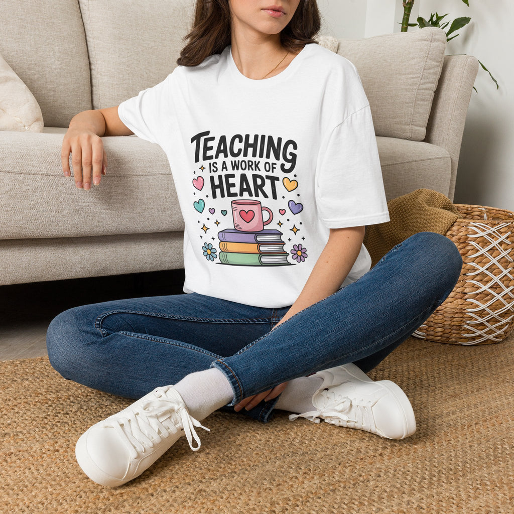 Teaching Is A Work Of Heart T-Shirt | Teacher Mug and Books Illustration