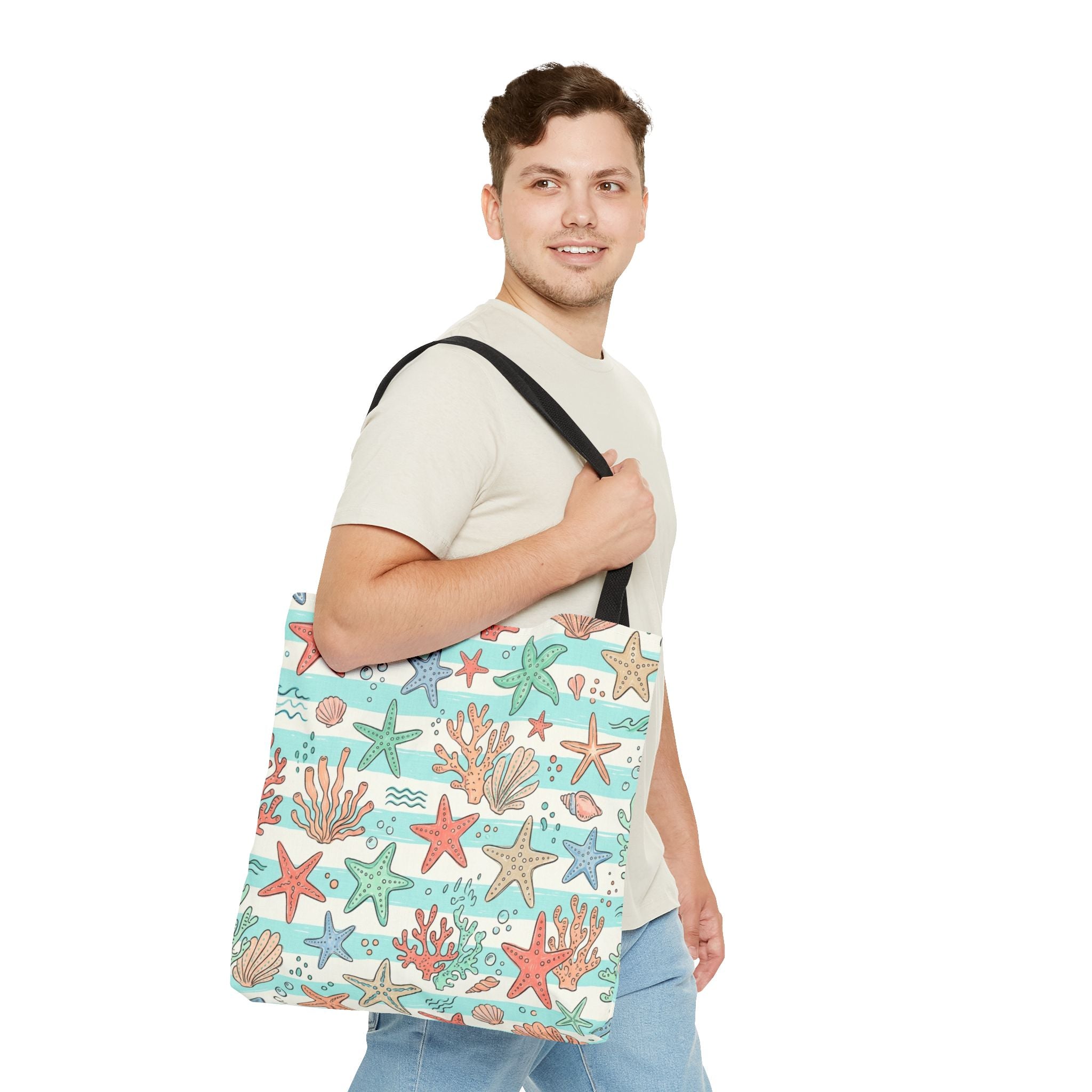 Starfish Coral Pattern Tote Bag | Beach Sea Life Striped Nautical Design