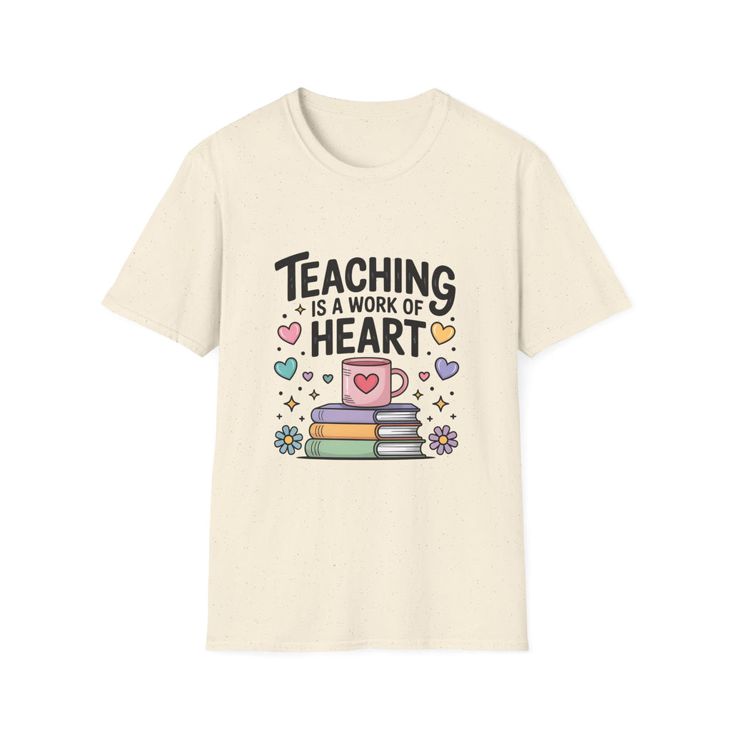 Teaching Is A Work Of Heart T-Shirt | Teacher Mug and Books Illustration