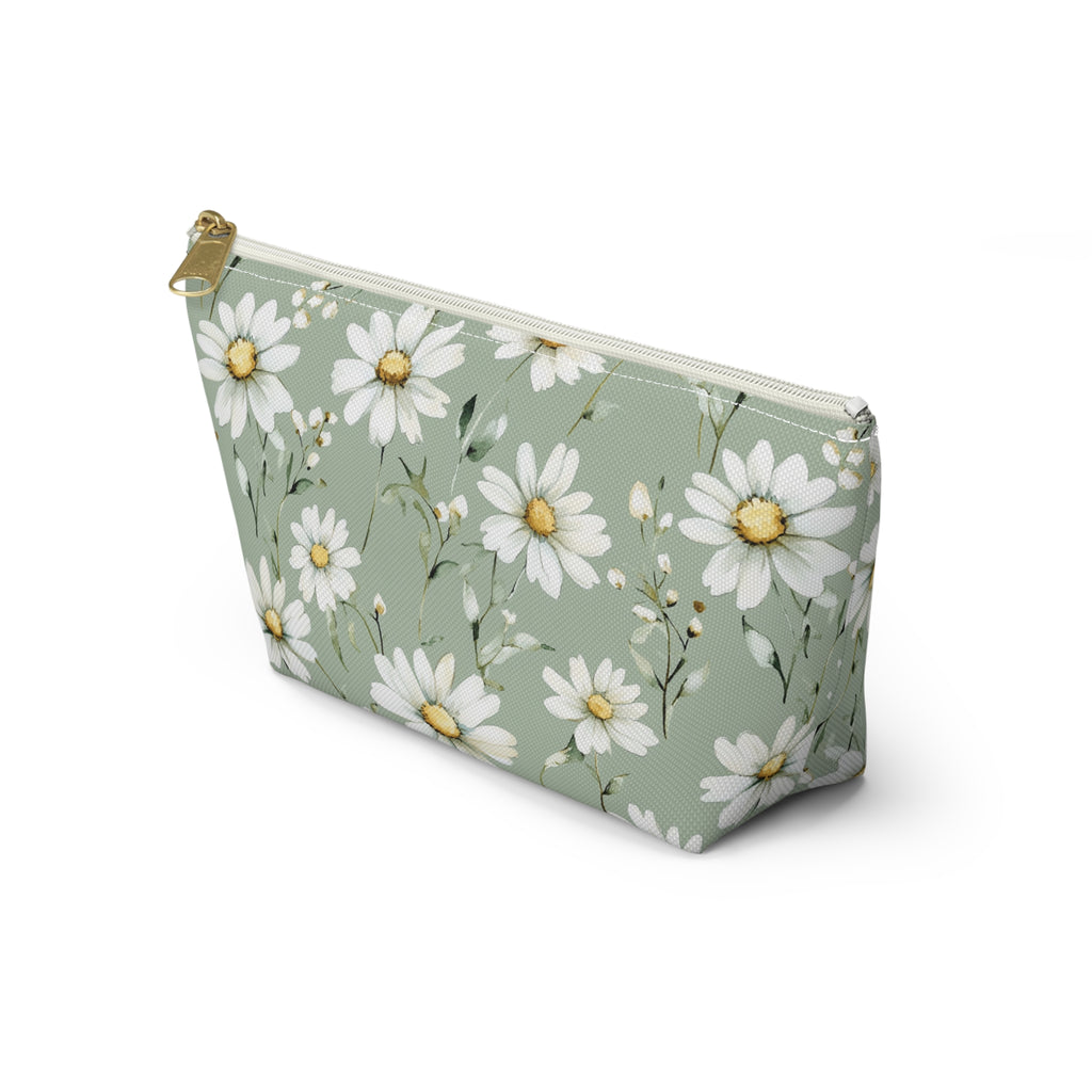 White Daisy Pattern Accessory Pouch | Floral Cosmetic Bag