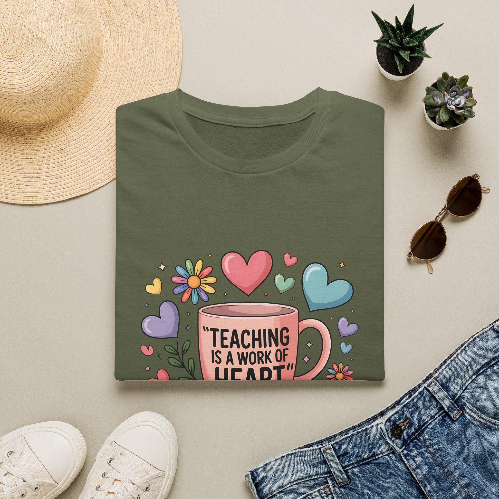 Teaching Is a Work of Heart T-Shirt | Teacher Mug and Books Design