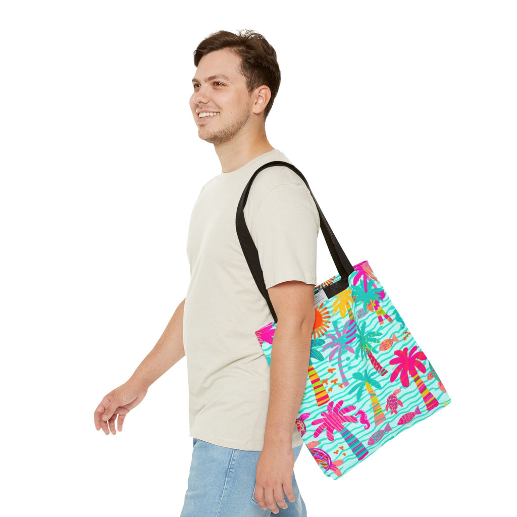 Tropical Palm Pattern Tote Bag | Colorful Beach Palms Stripe All-Over Print
