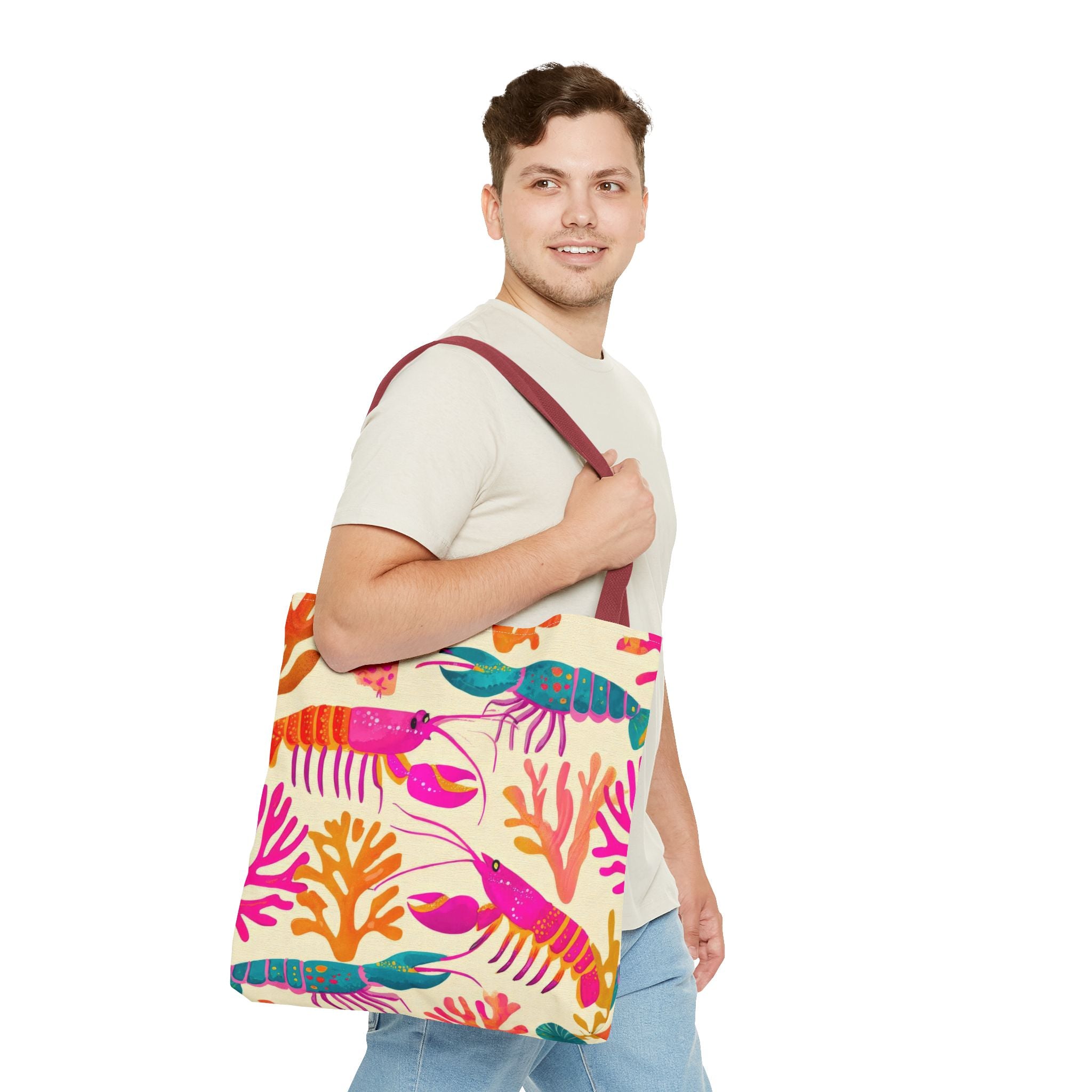 Colorful Lobster Pattern Tote Bag | Tropical Sea Life Coral Print
