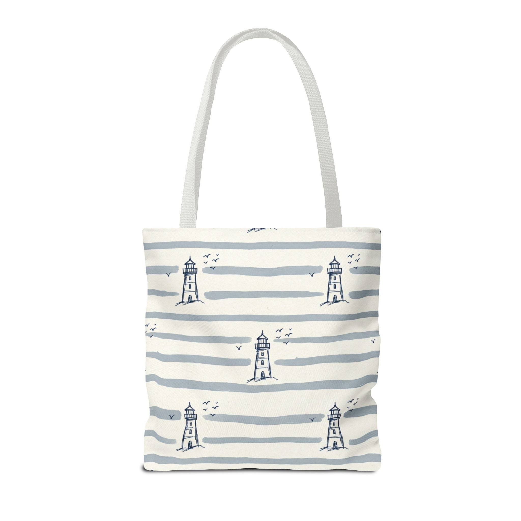 Nautical Lighthouse Pattern Tote Bag | Striped Coastal Beach Tote