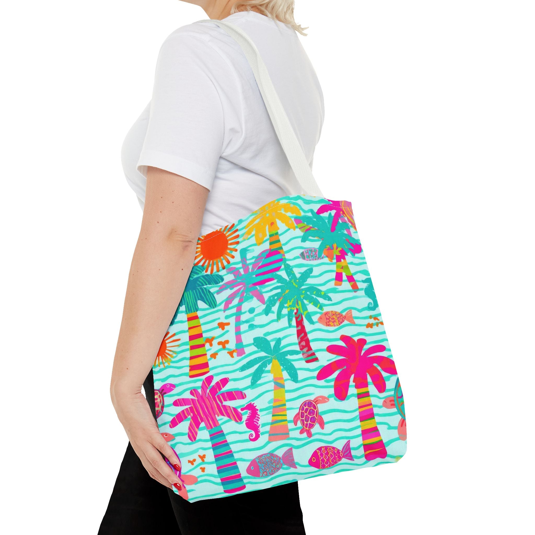 Tropical Palm Pattern Tote Bag | Colorful Beach Palms Stripe All-Over Print