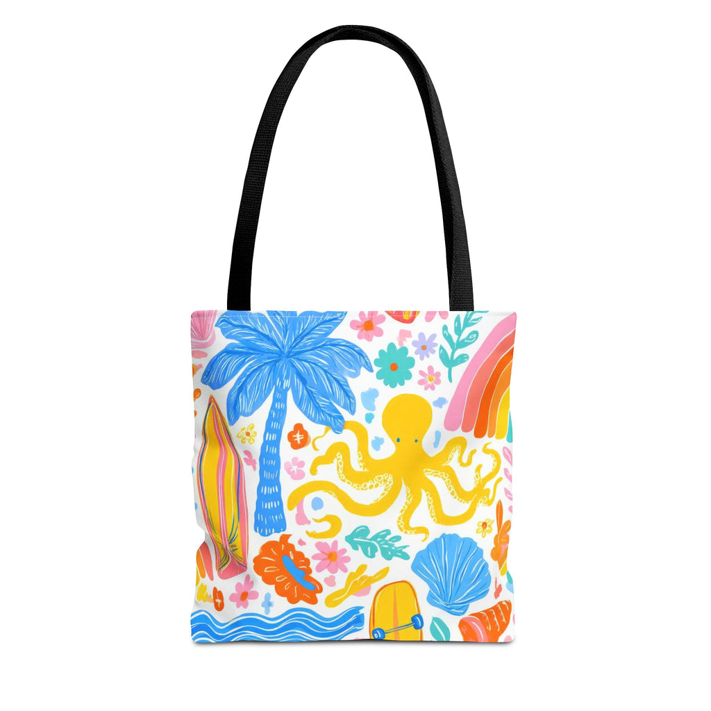 Colorful Beach Octopus Tote Bag | Tropical Palm, Surfboard, Rainbow Print