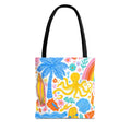 Colorful Beach Octopus Tote Bag | Tropical Palm, Surfboard, Rainbow Print