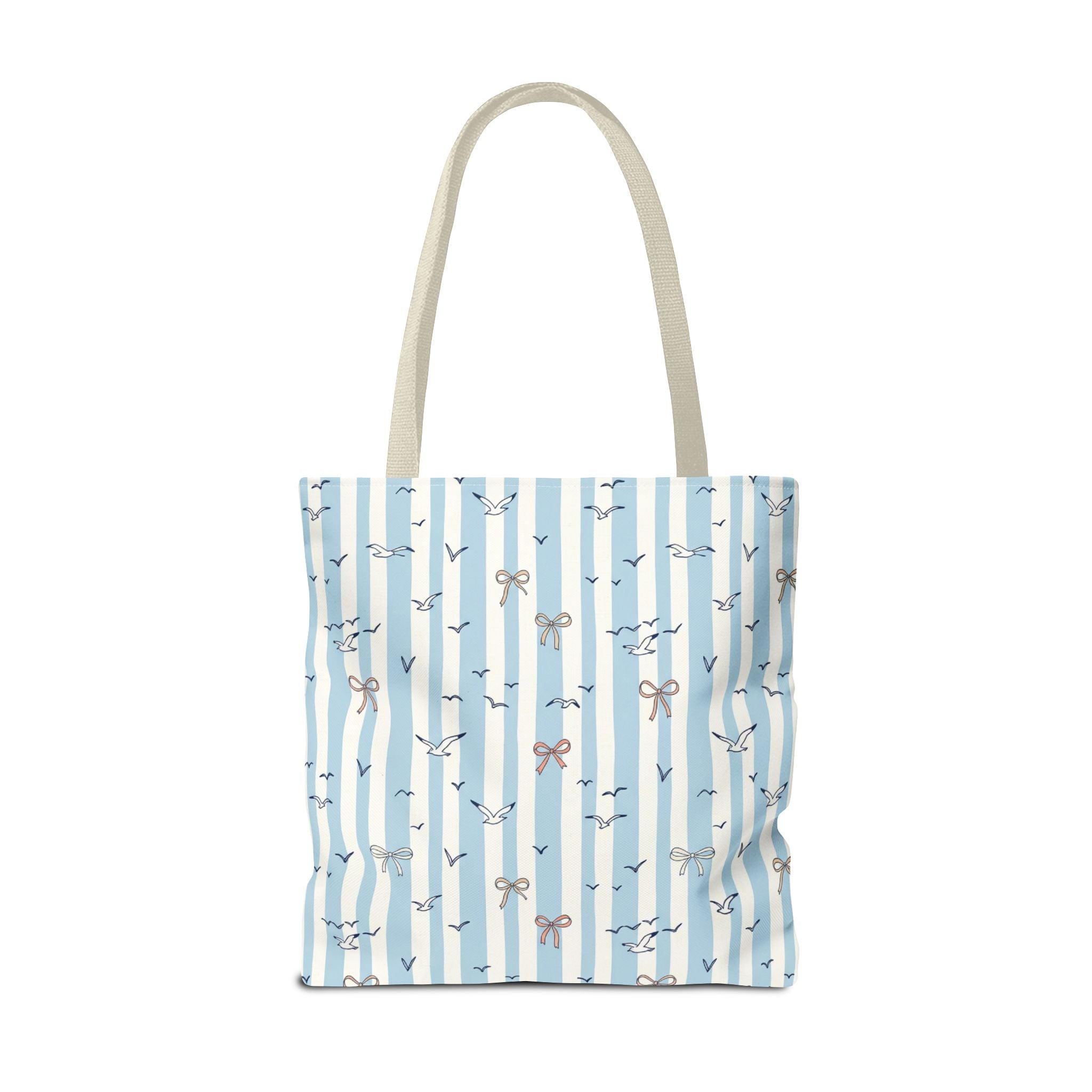 Blue Striped Bows and Birds Tote Bag
