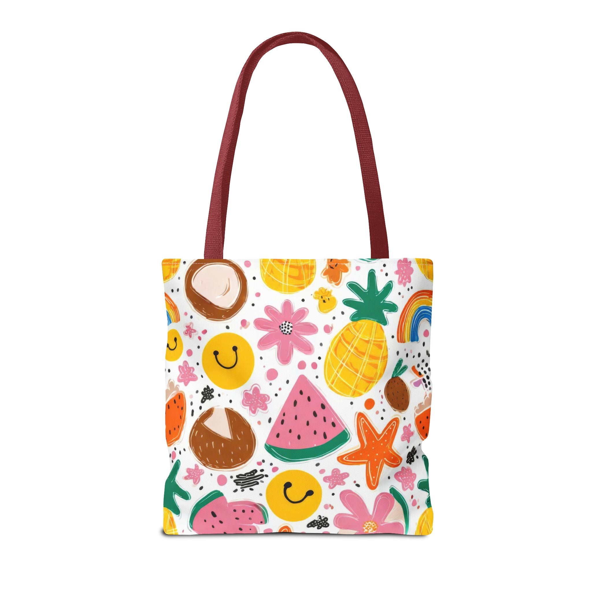Tropical Fruit Pattern Tote Bag | Pineapple Watermelon Coconut Smiley