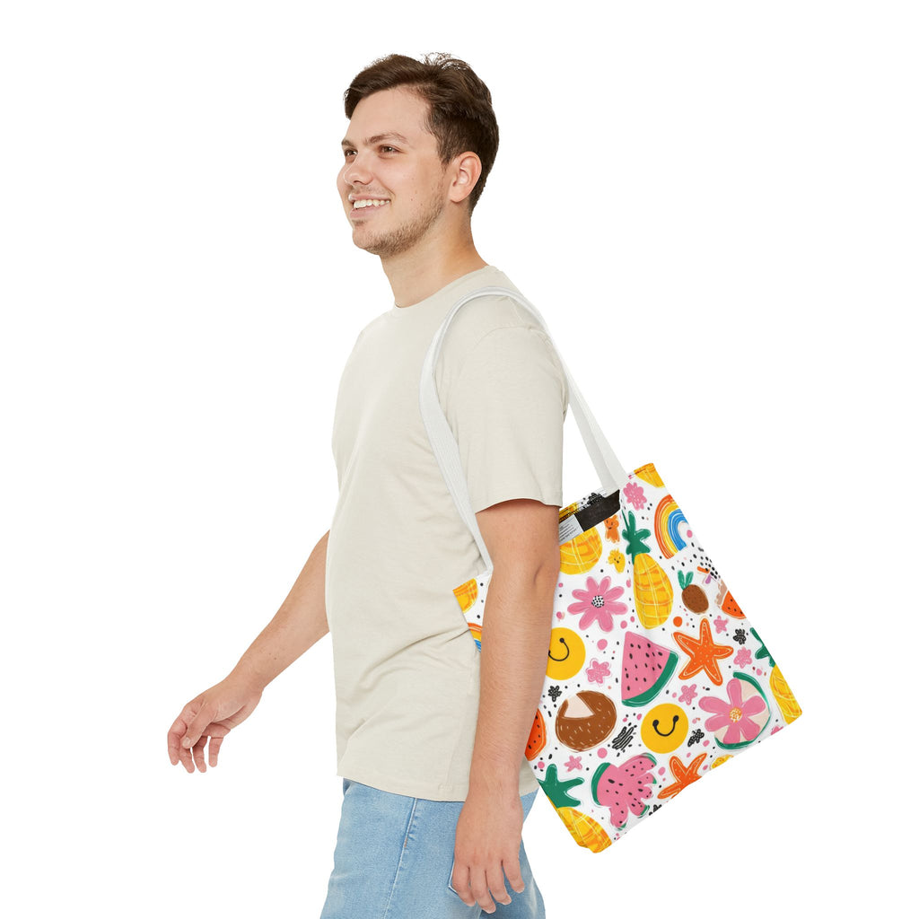 Tropical Fruit Pattern Tote Bag | Pineapple Watermelon Coconut Smiley