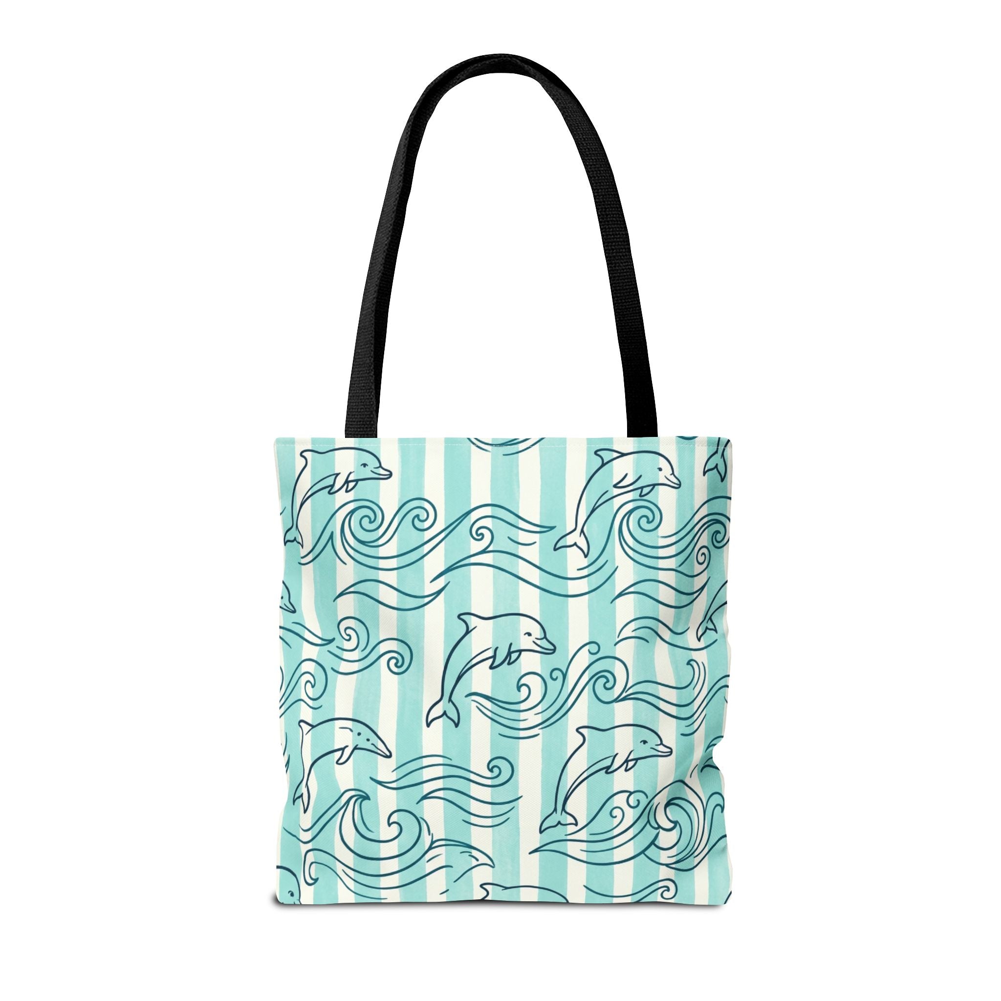Dolphin Wave Pattern Tote Bag | Aqua Striped Ocean Design