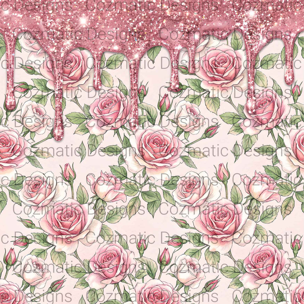 Pink Rose Seamless Pattern PNG | Dripping Pink Glitter | Digital Download for Sublimation & Crafts