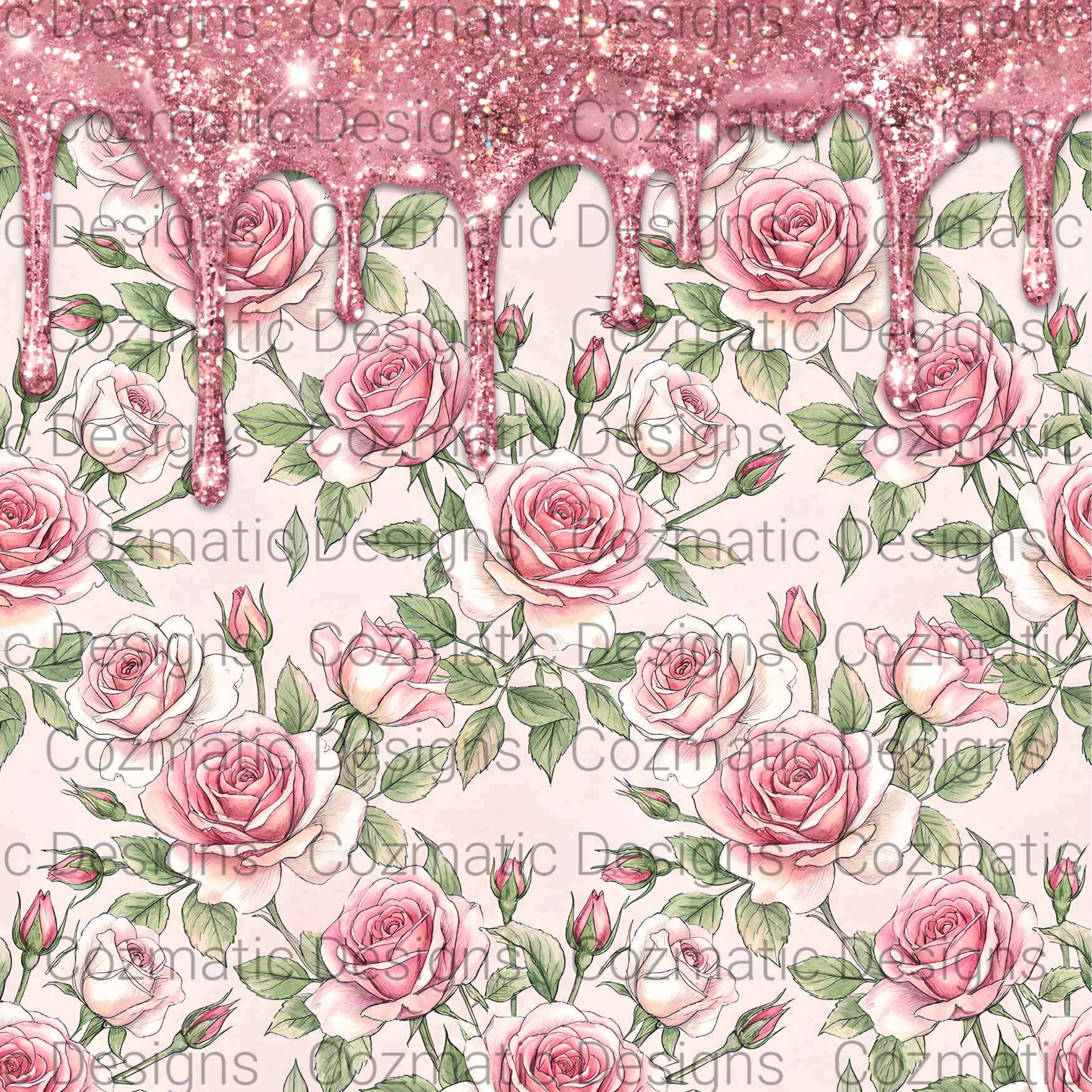 Pink Rose Seamless Pattern PNG | Dripping Pink Glitter | Digital Download for Sublimation & Crafts