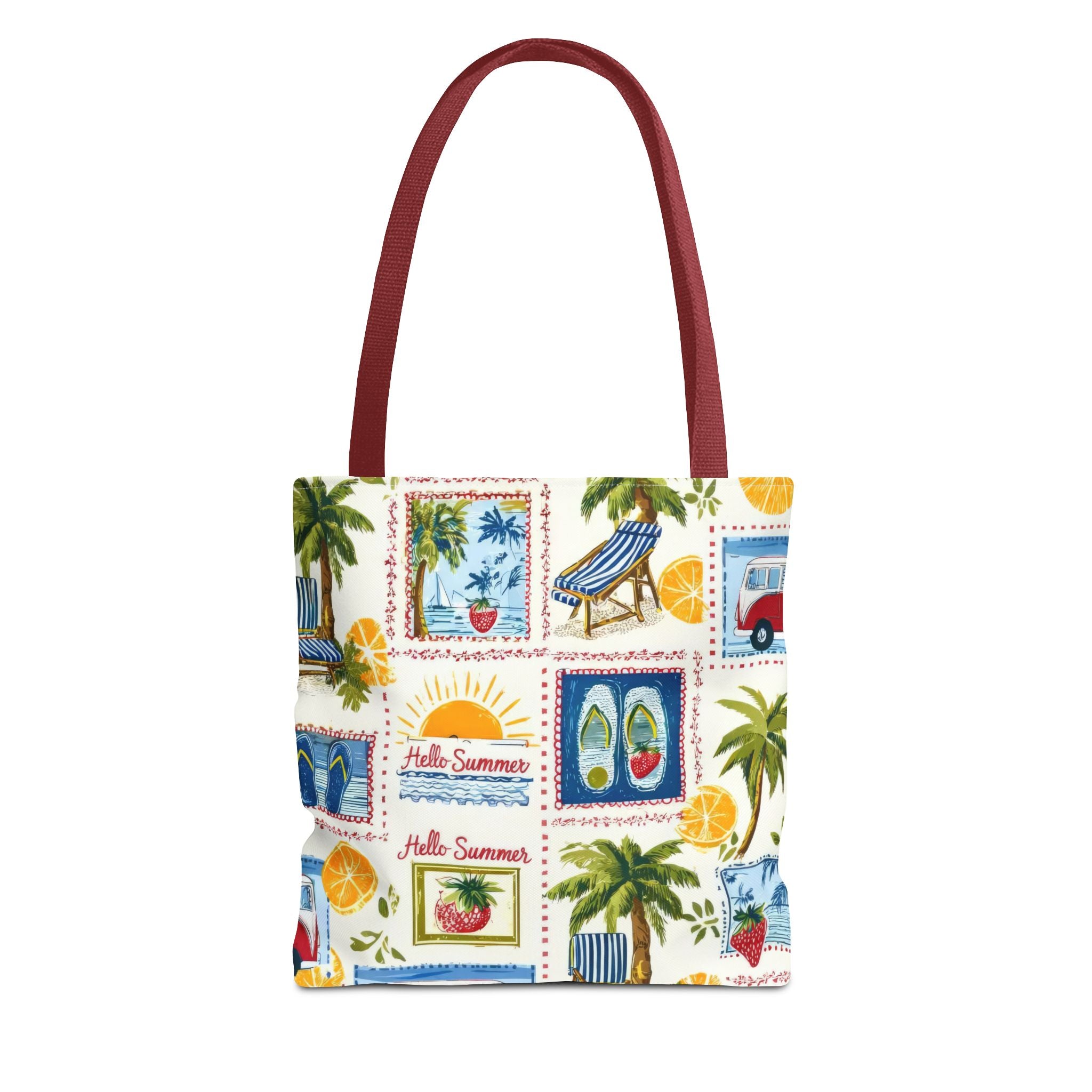 Hello Summer collage Tote Bag | beach palm trees flip flops camper van