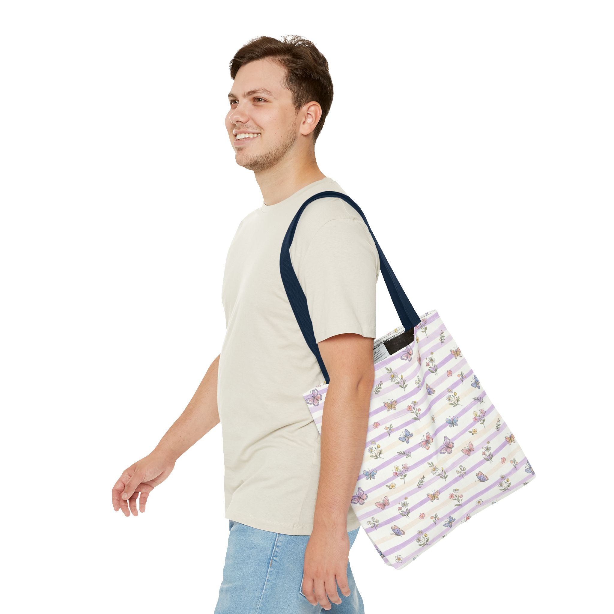 Pastel Butterfly Floral Stripe Tote