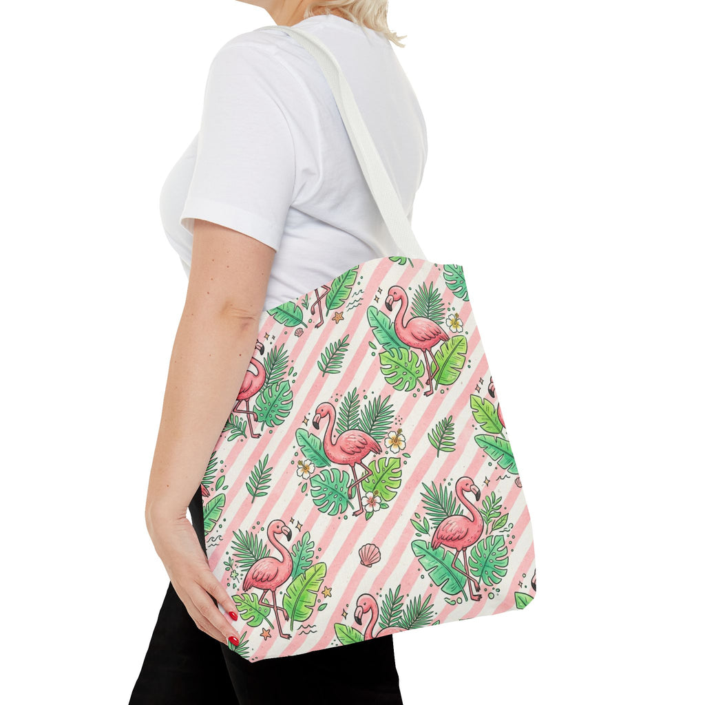 Pink Flamingo Pattern Tote Bag | Tropical Leaves Striped All-Over Print