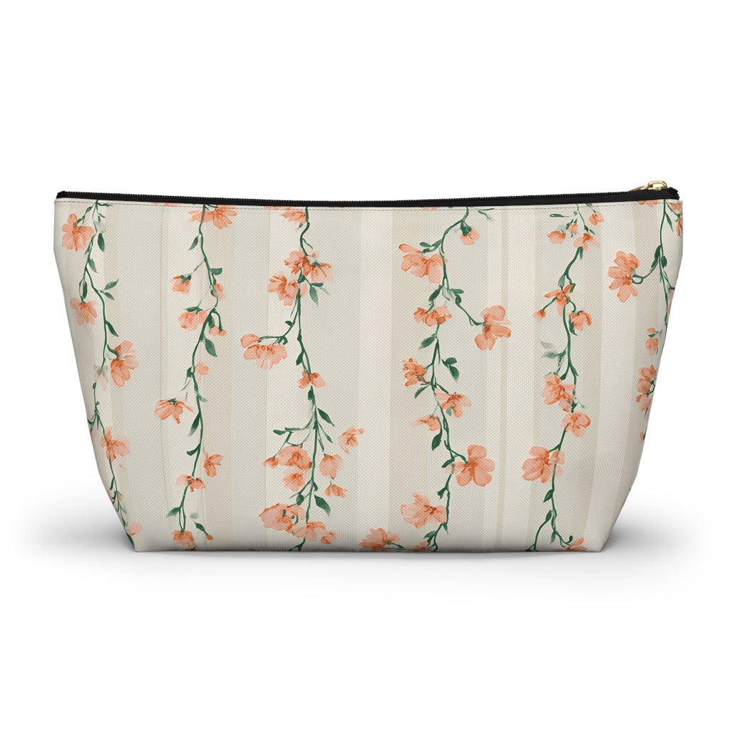 Peach Floral Vines Accessory Pouch | T-Bottom Makeup Bag
