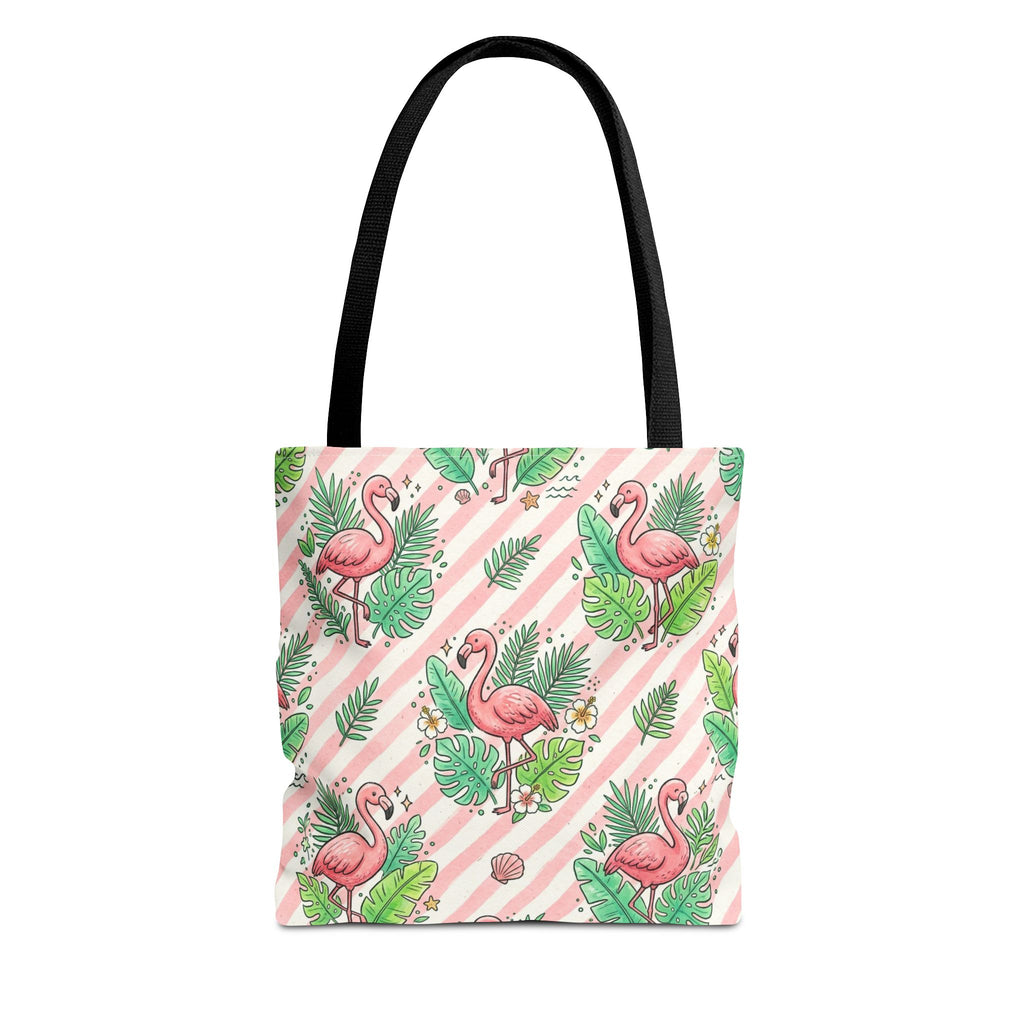 Pink Flamingo Pattern Tote Bag | Tropical Leaves Striped All-Over Print
