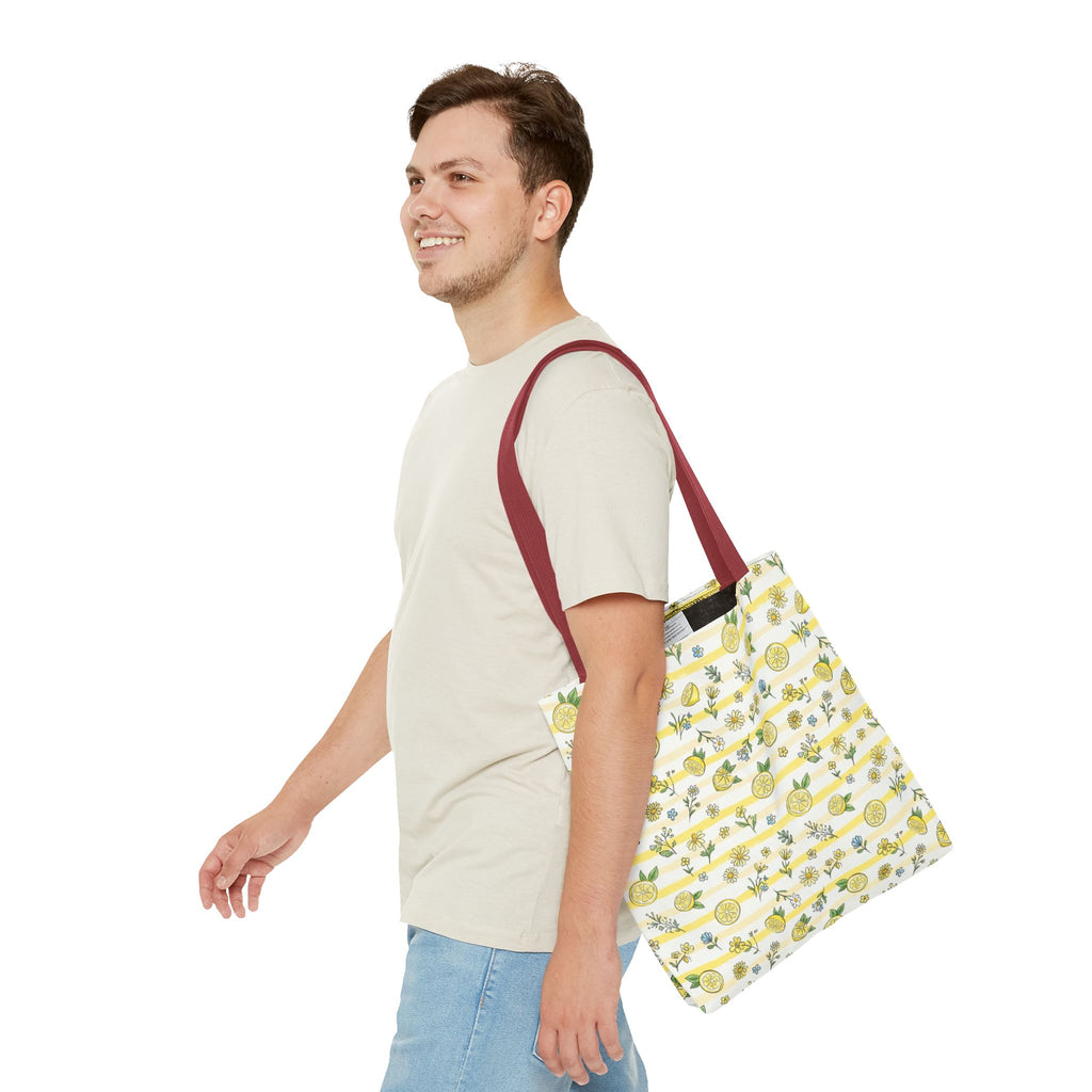Lemon Stripe Pattern Tote Bag | Citrus Floral All-Over Print