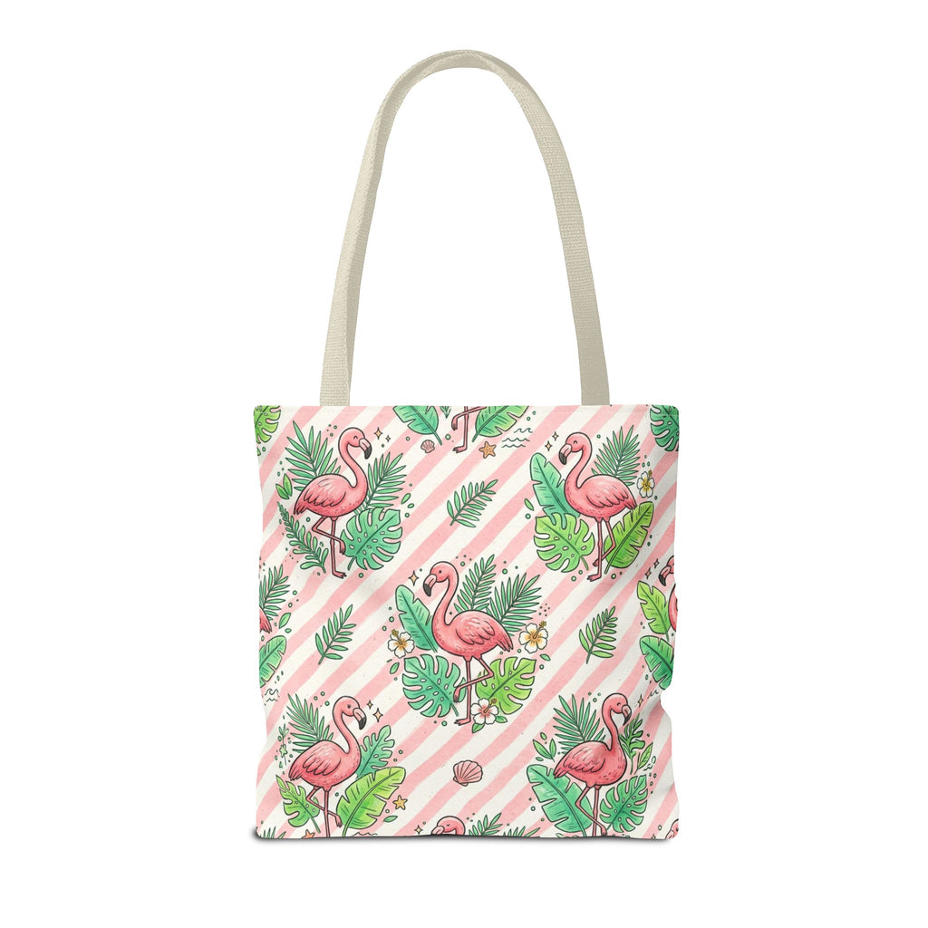 Pink Flamingo Pattern Tote Bag | Tropical Leaves Striped All-Over Print