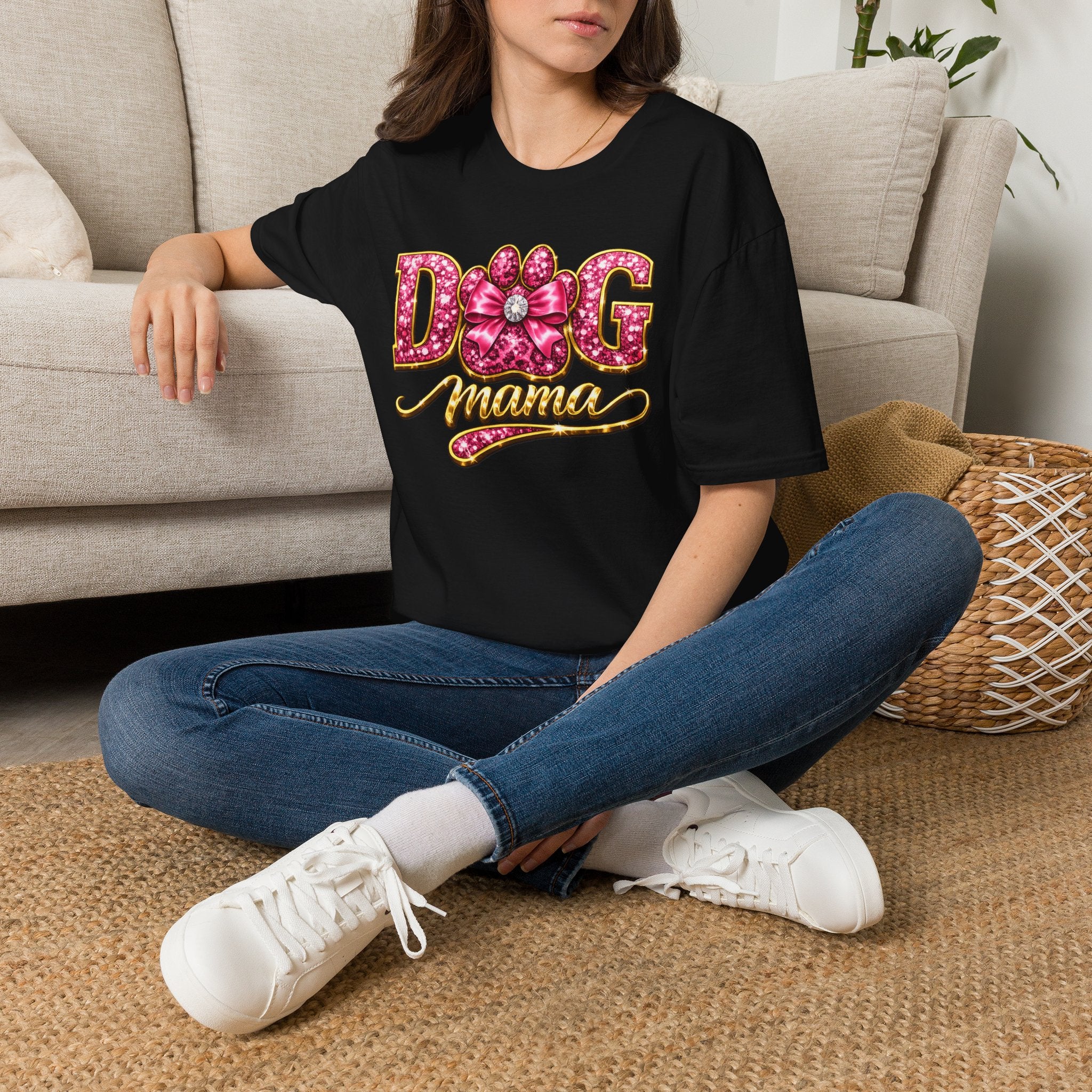 Dog Mama paw print design T-Shirt | pink glitter letters