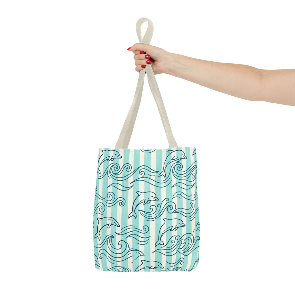 Dolphin Wave Pattern Tote Bag | Aqua Striped Ocean Design