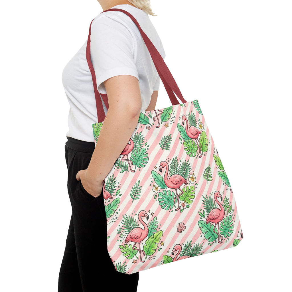 Pink Flamingo Pattern Tote Bag | Tropical Leaves Striped All-Over Print