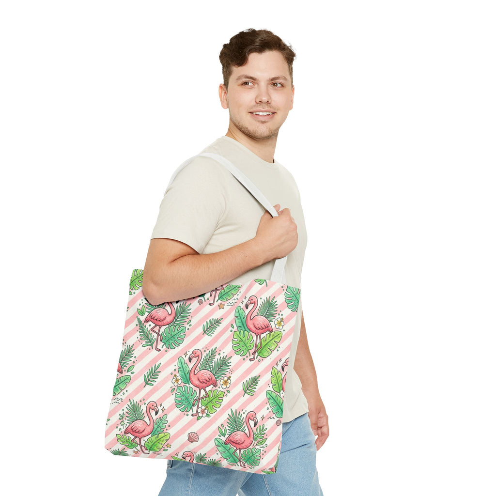 Pink Flamingo Pattern Tote Bag | Tropical Leaves Striped All-Over Print
