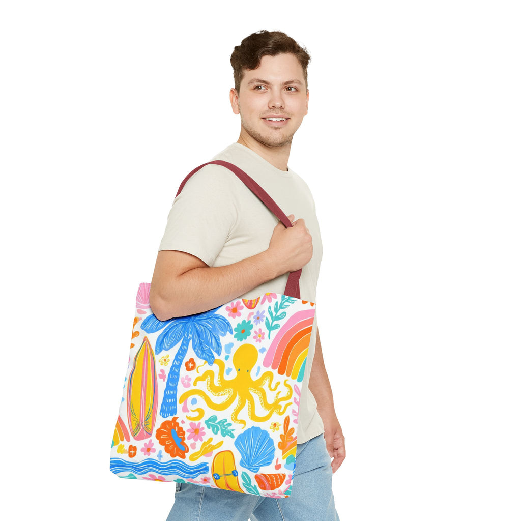Colorful Beach Octopus Tote Bag | Tropical Palm, Surfboard, Rainbow Print