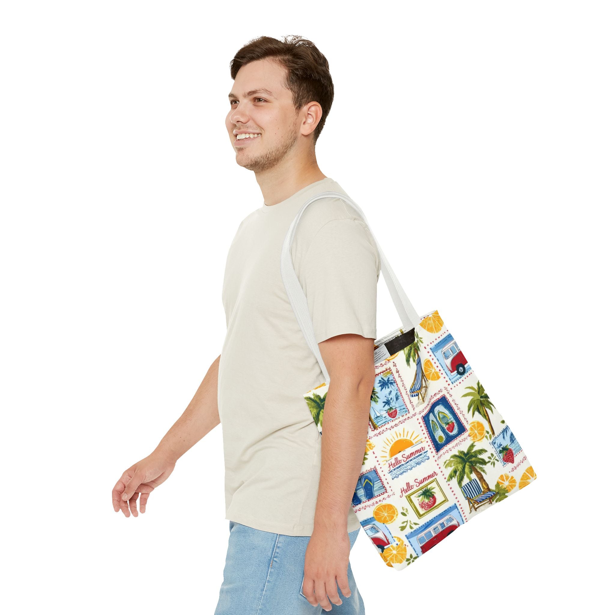 Hello Summer collage Tote Bag | beach palm trees flip flops camper van