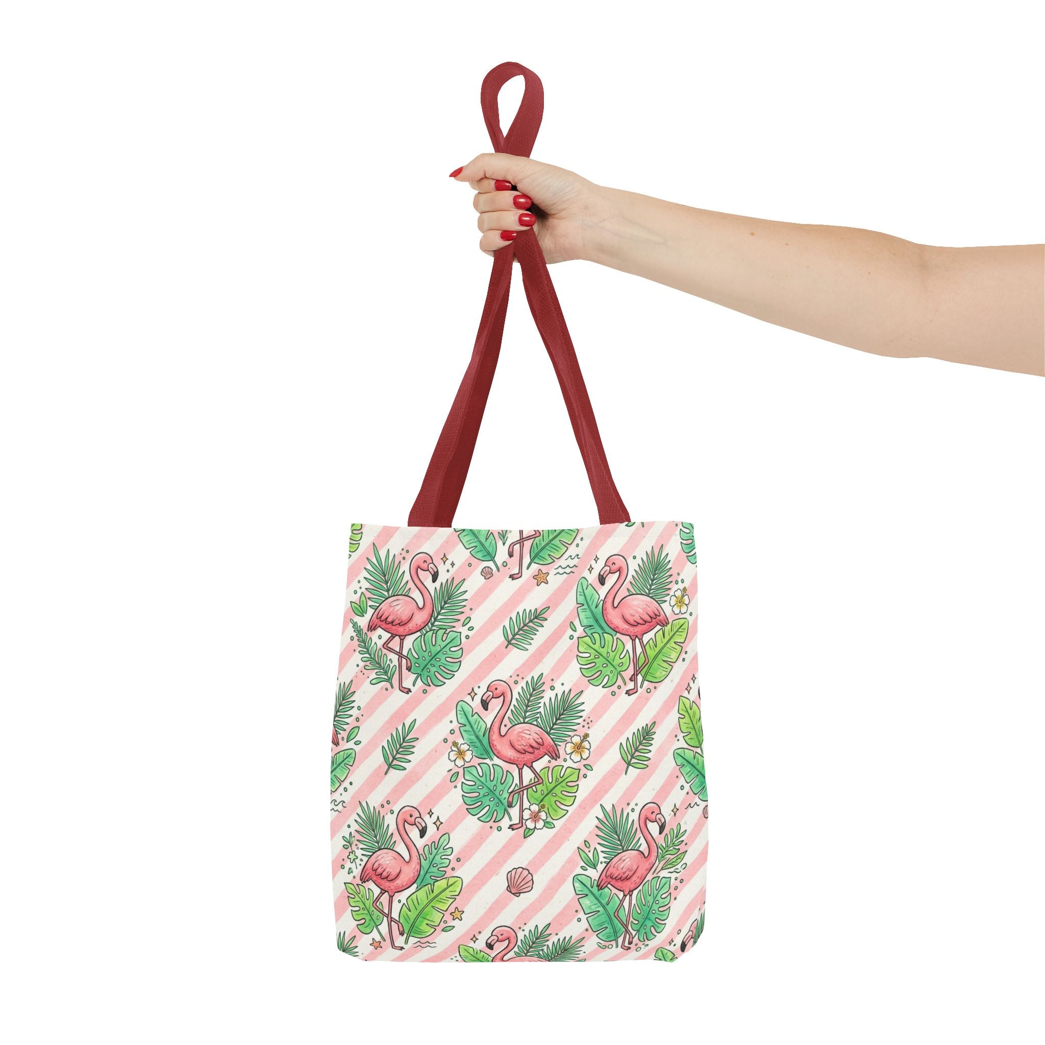 Pink Flamingo Pattern Tote Bag | Tropical Leaves Striped All-Over Print