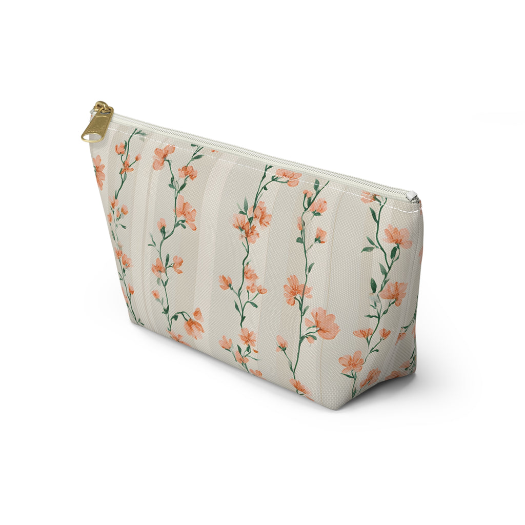 Peach Floral Vines Accessory Pouch | T-Bottom Makeup Bag