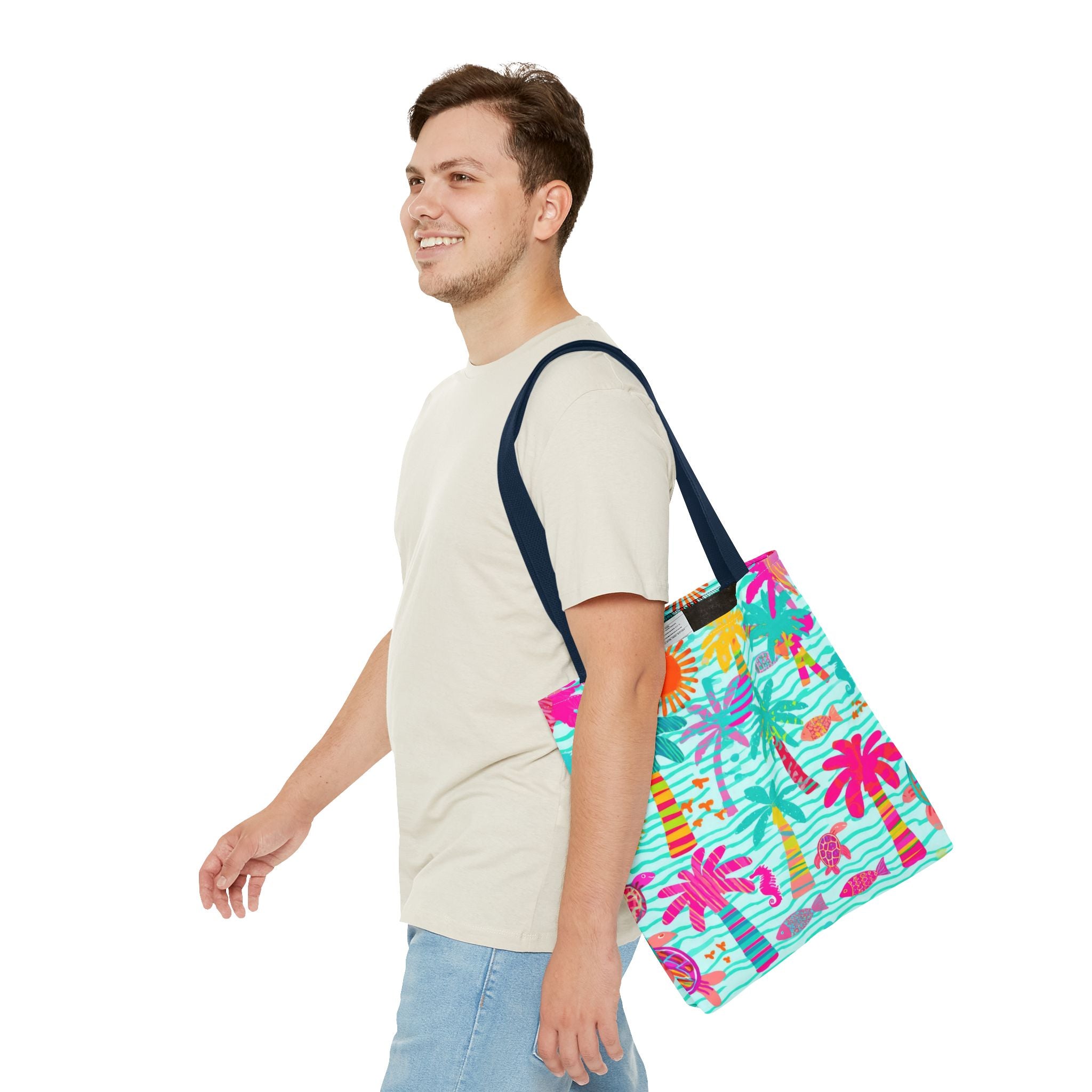 Tropical Palm Pattern Tote Bag | Colorful Beach Palms Stripe All-Over Print