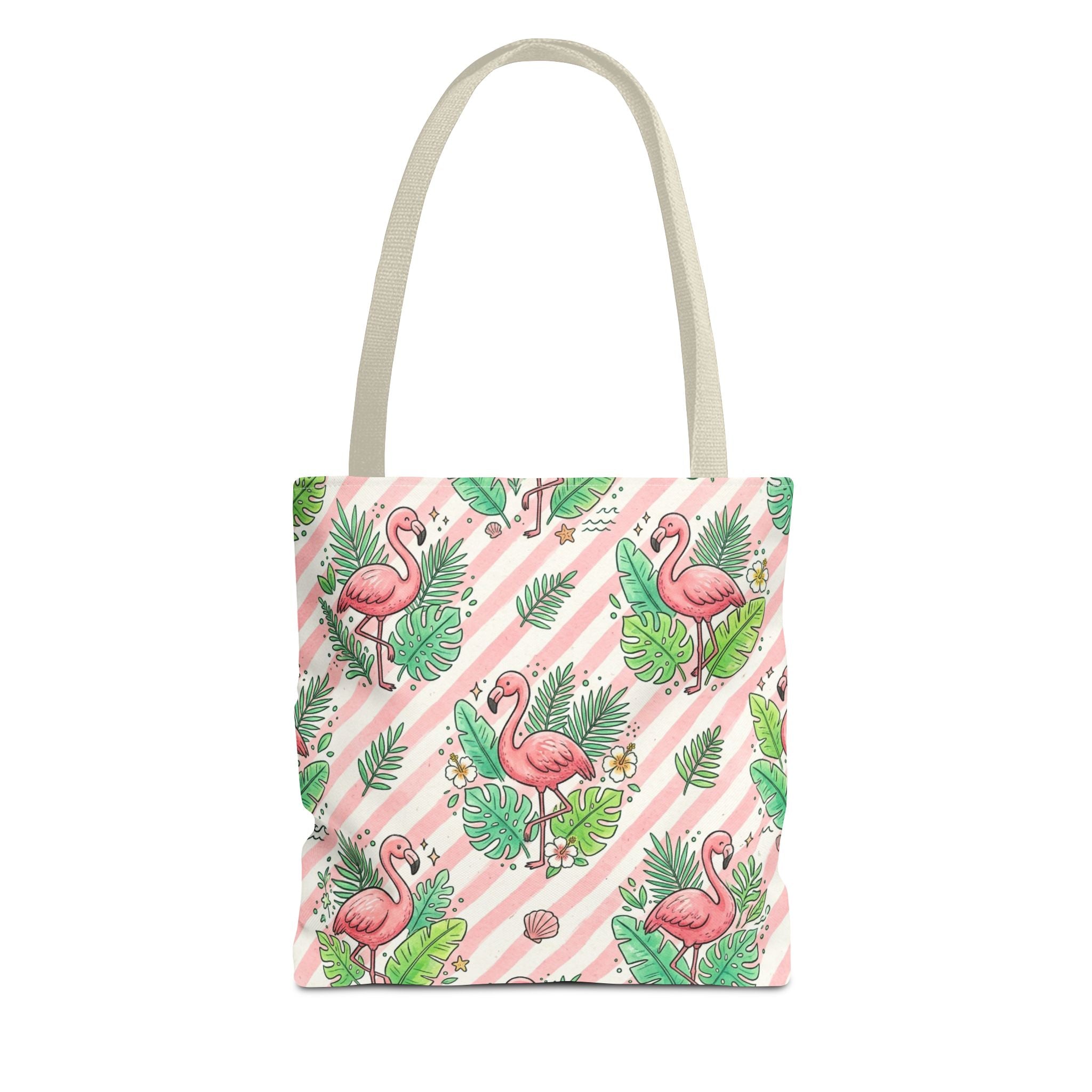 Pink Flamingo Pattern Tote Bag | Tropical Leaves Striped All-Over Print