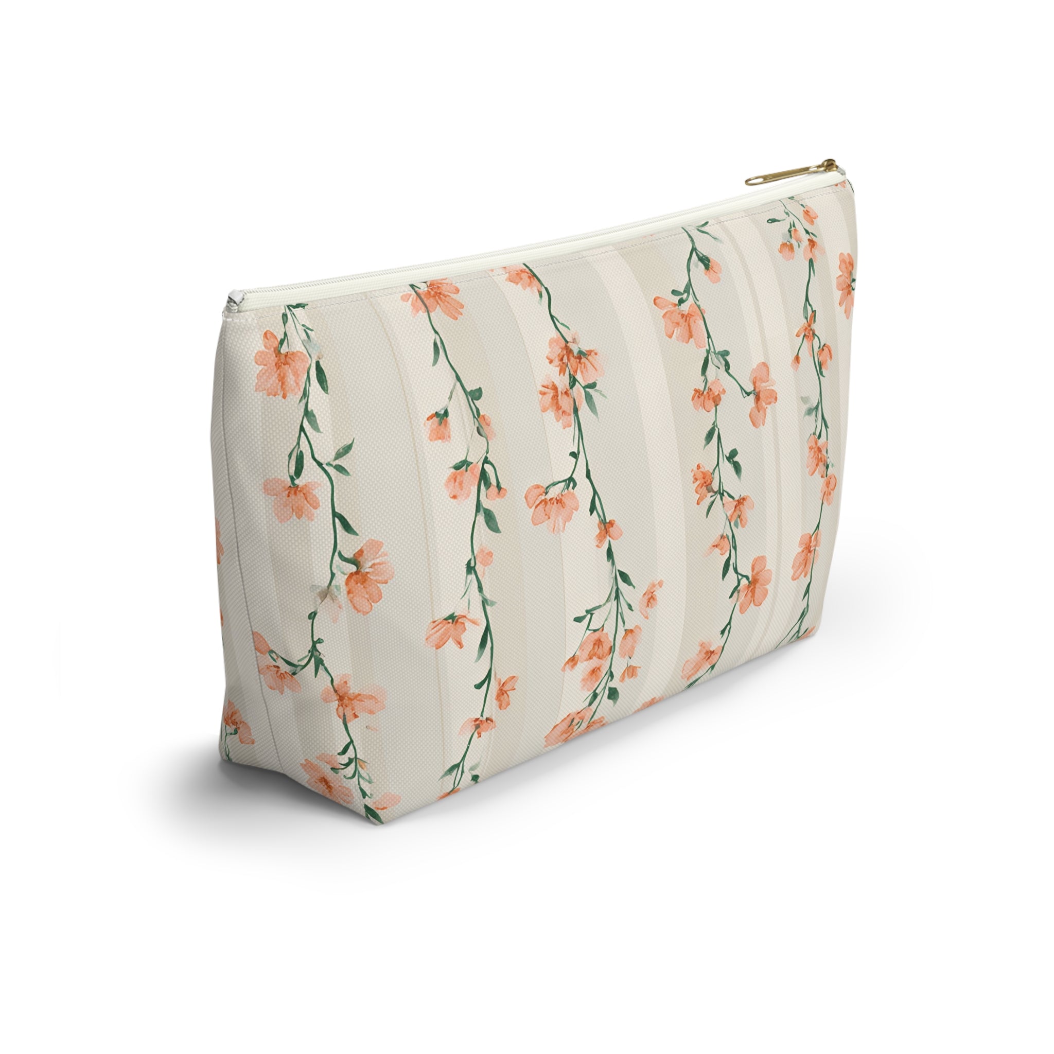 Peach Floral Vines Accessory Pouch | T-Bottom Makeup Bag
