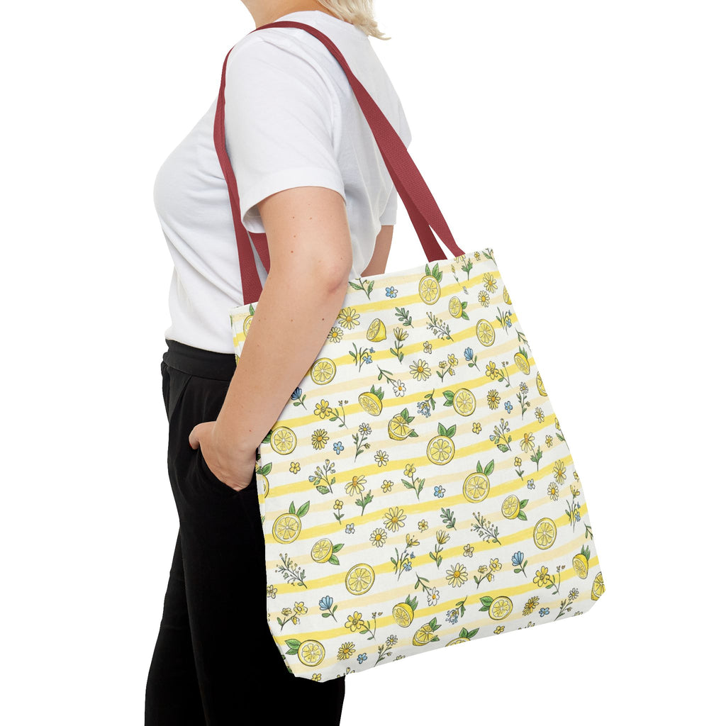 Lemon Stripe Pattern Tote Bag | Citrus Floral All-Over Print