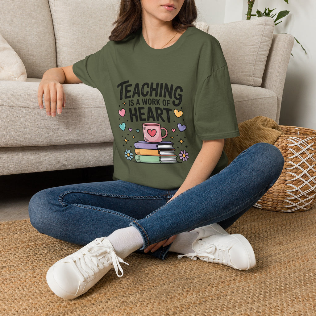 Teaching Is A Work Of Heart T-Shirt | Teacher Mug and Books Illustration