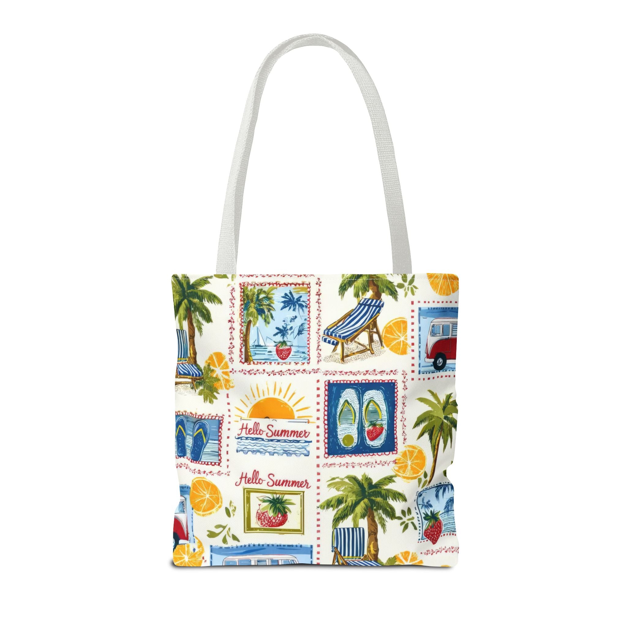 Hello Summer collage Tote Bag | beach palm trees flip flops camper van