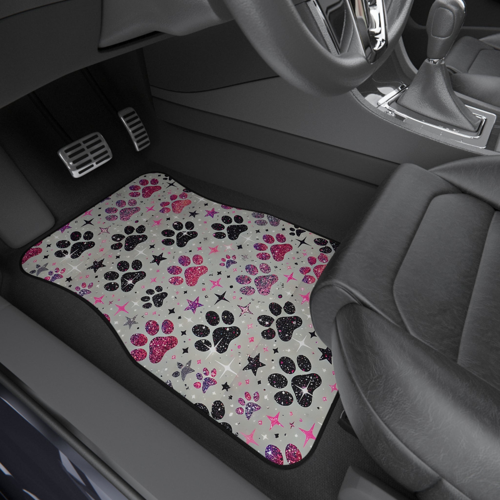 Paw Print Car Mats (Set of 4) — Pink & Black Glitter Paw Pattern