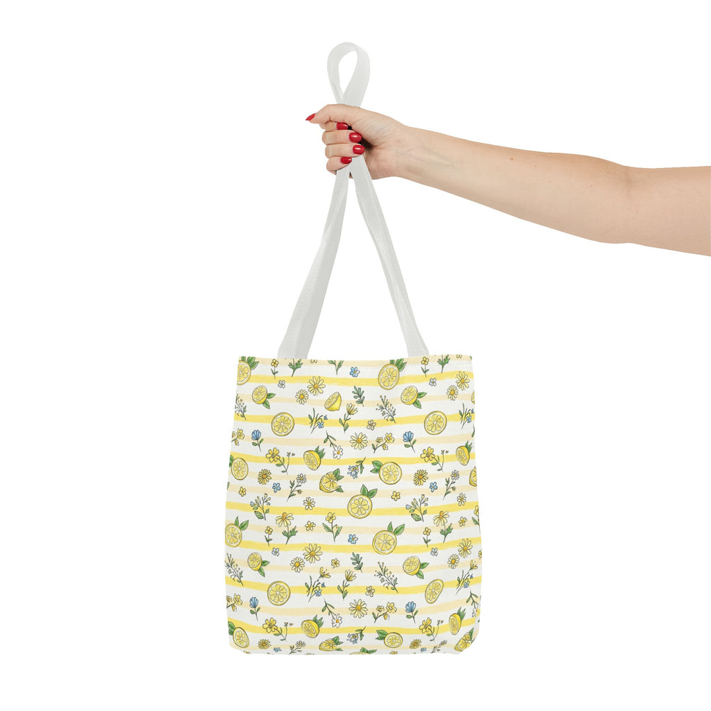 Lemon Stripe Pattern Tote Bag | Citrus Floral All-Over Print