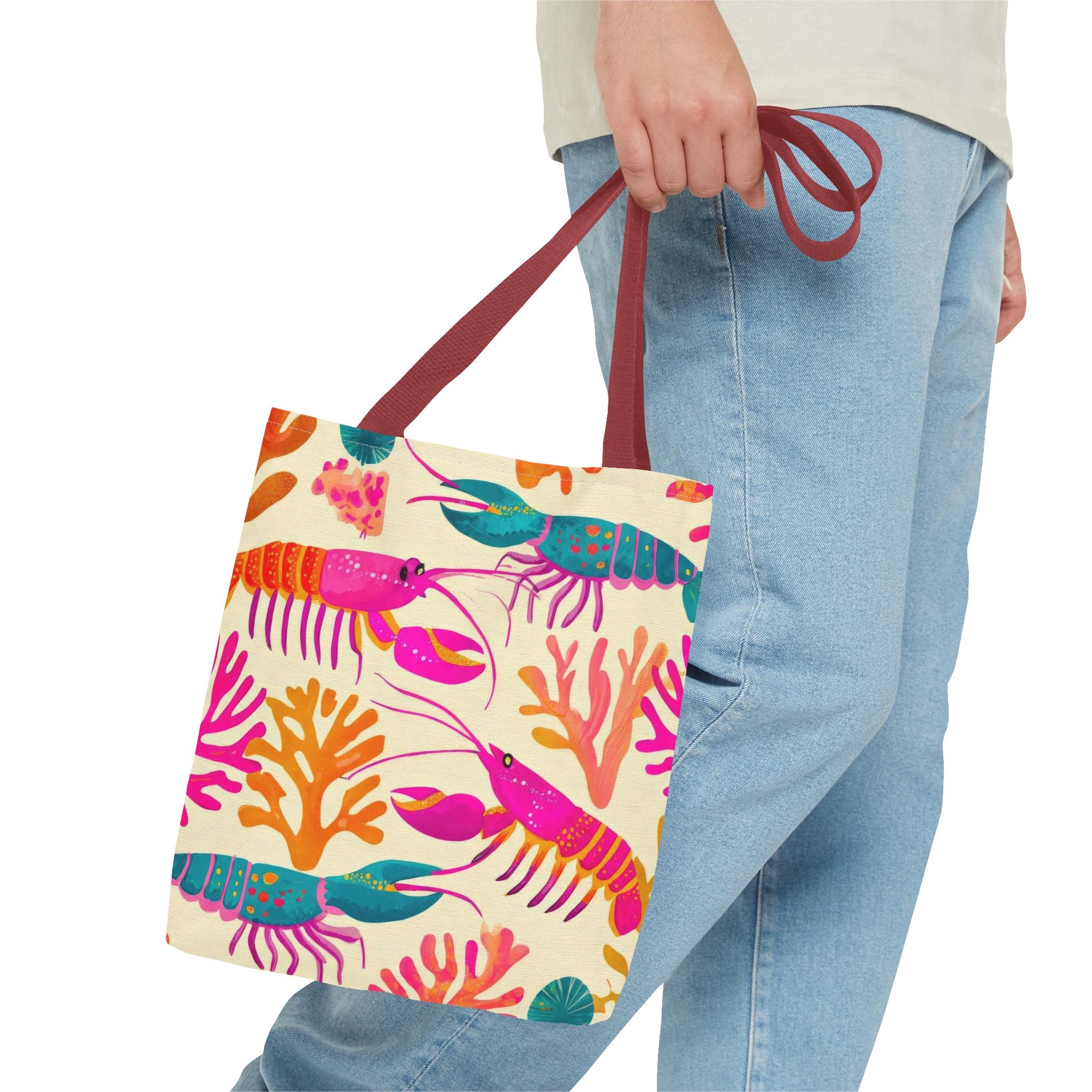 Colorful Lobster Pattern Tote Bag | Tropical Sea Life Coral Print