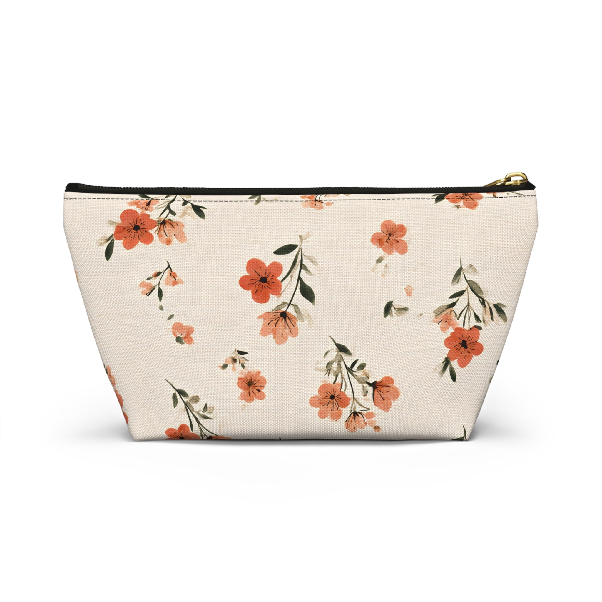 Peach Floral Print Accessory Pouch | T-Bottom Zipper Pouch