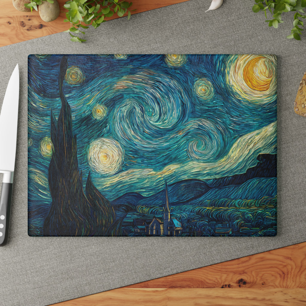 Starry Night artwork Glass Cutting Board | Van Gogh inspired kitchen decor