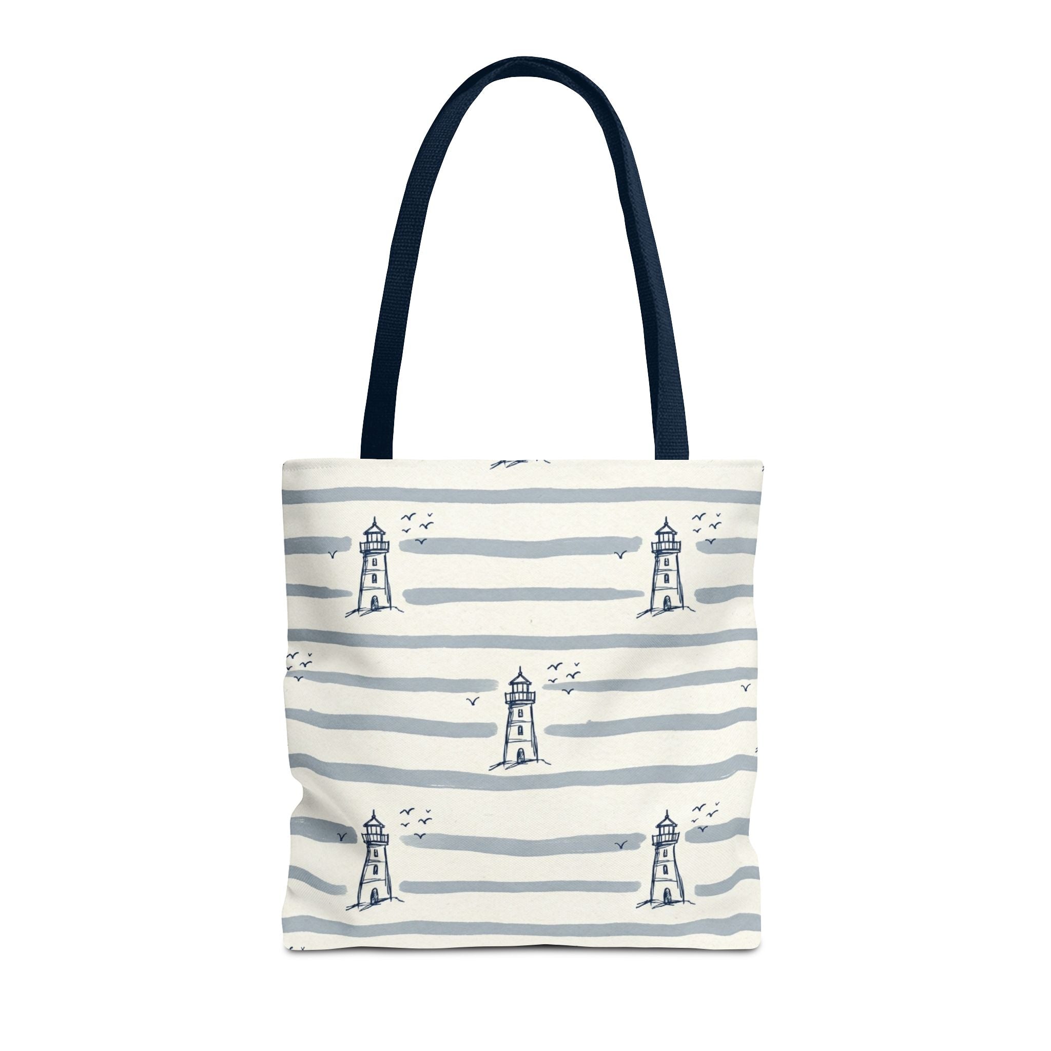 Nautical Lighthouse Pattern Tote Bag | Striped Coastal Beach Tote