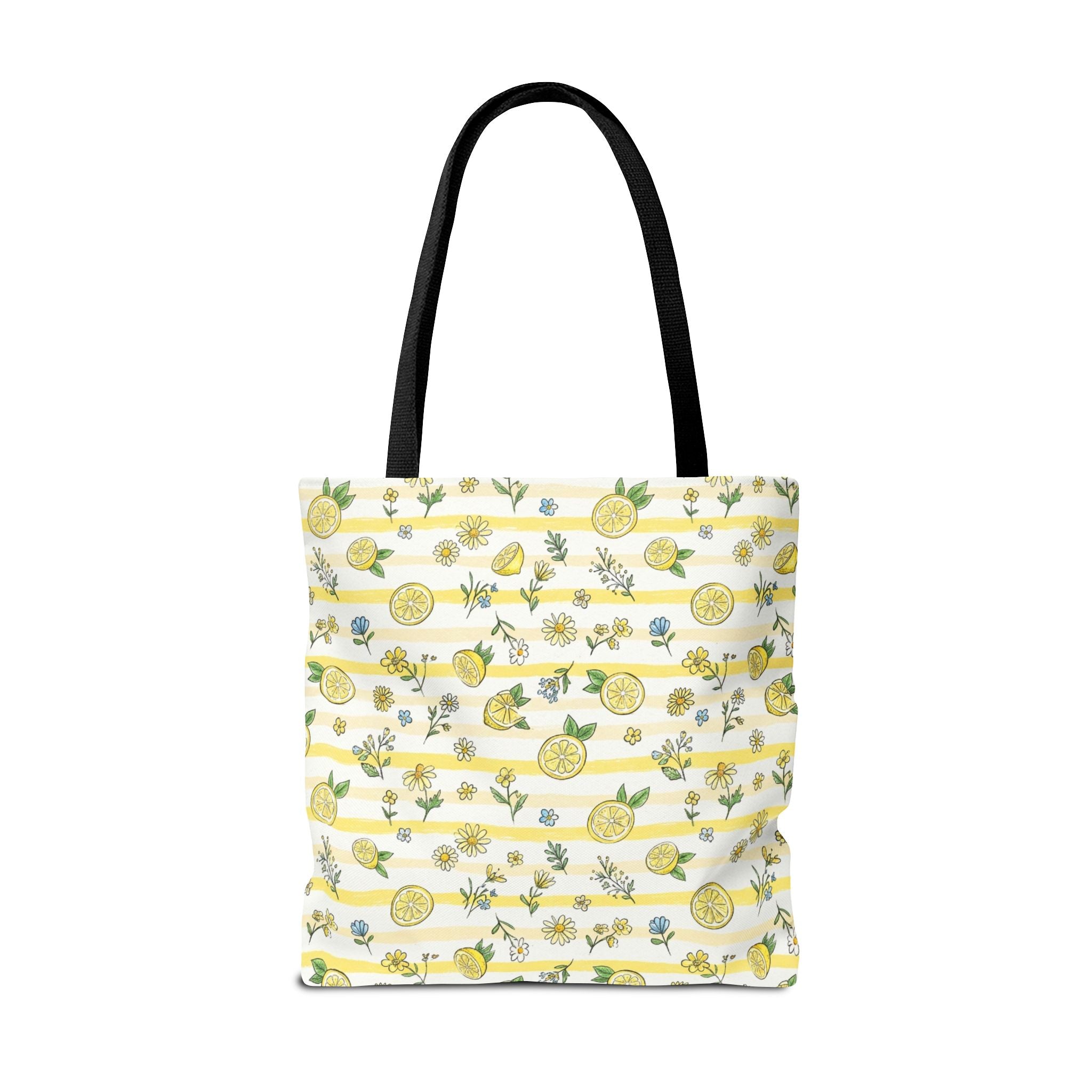 Lemon Stripe Pattern Tote Bag | Citrus Floral All-Over Print