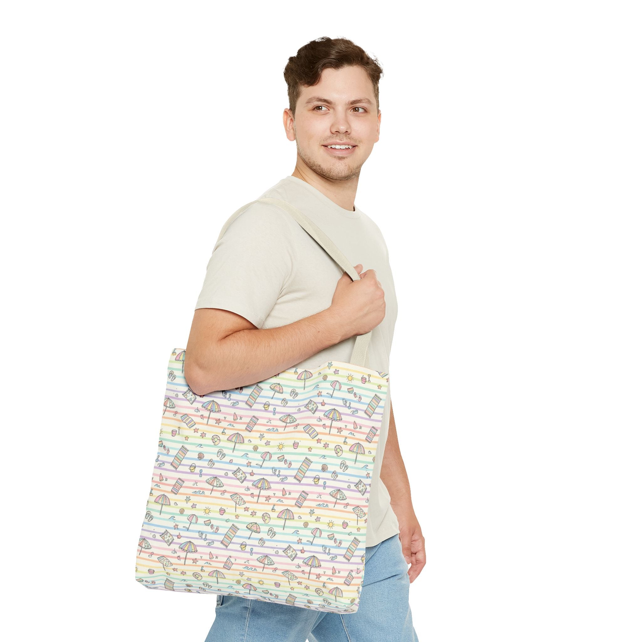 Pastel Beach Pattern Tote Bag | Seashells, Umbrellas, Flip Flops