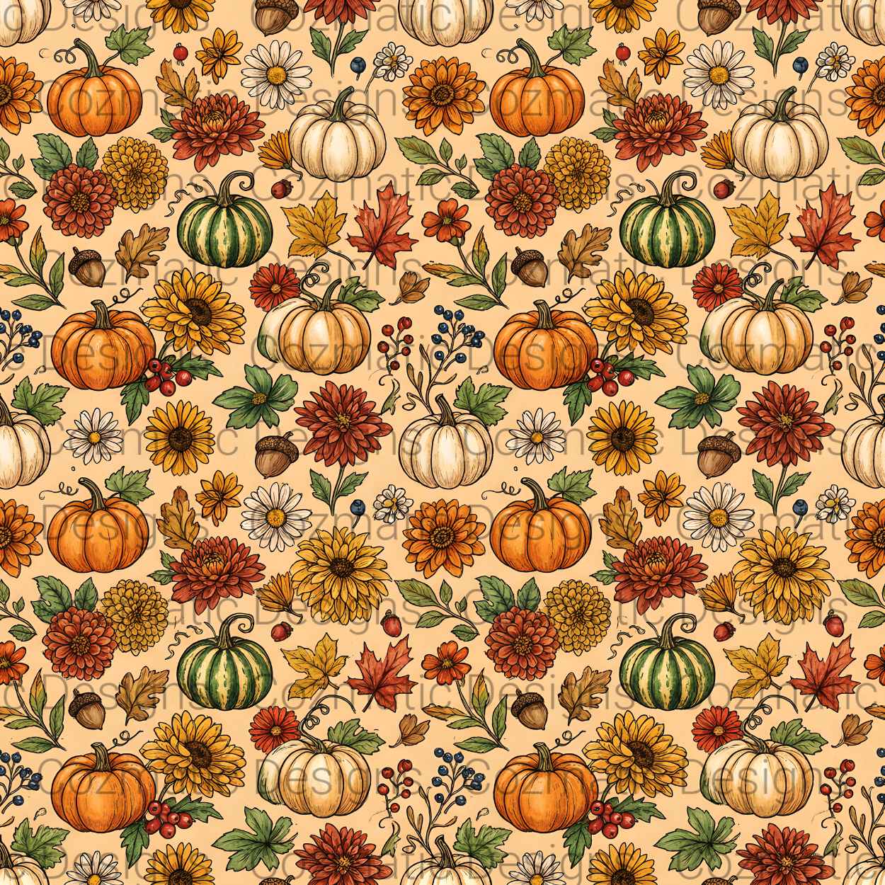 Fall Pumpkin Floral Seamless Pattern PNG | Autumn Boho Design | Digital Download for Sublimation & Crafts
